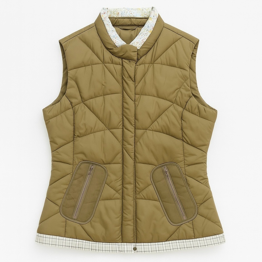 Wet Seal Khaki Puffer Vest with Quilted Floral Trim